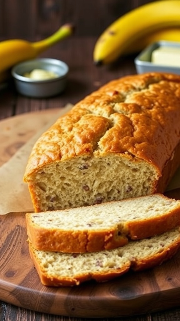 Moist Banana Bread Recipe A loaf of moist banana bread sliced to show its soft texture, surrounded by ripe bananas on a wooden table.